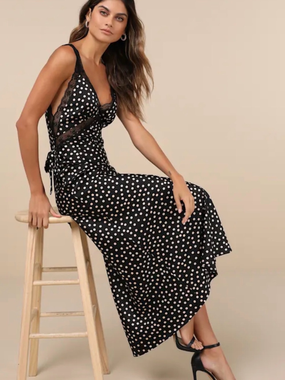 Lulus Polka Dot Lace-Trim Black Maxi Dress